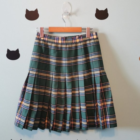 Vintage 80s Wool Kilt Dark Academia Green Yellow Small - Picture 2 of 7